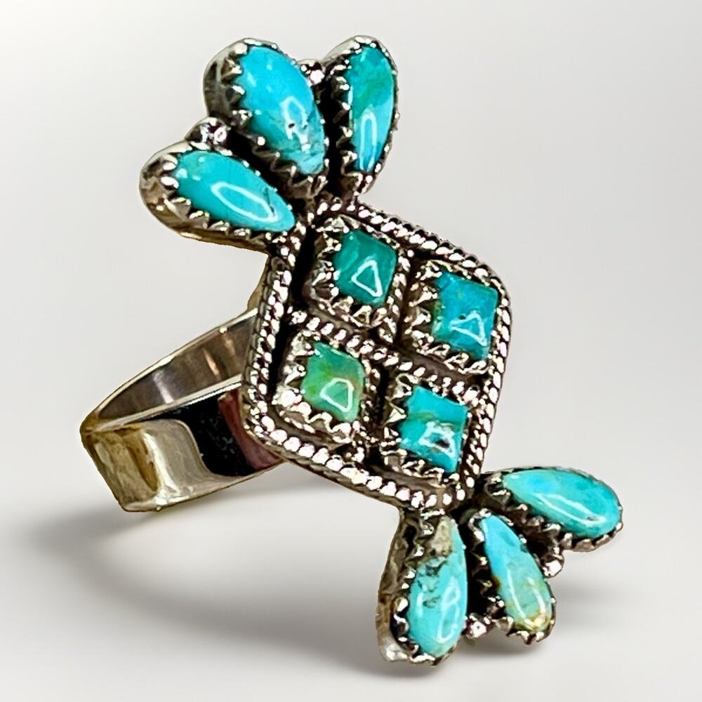 Southwest Mojave Turquoise Multistone Diamond Cluster Sterling Silver Ring Adj